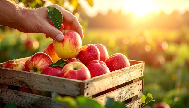 Person picking a ripe apple from a wooden crate, with a sunny orchard in the background - Powered by Adobe