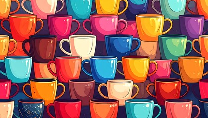 Colorful array of stacked mugs, each in a unique hue with simple, cartoon-like shading and rounded forms