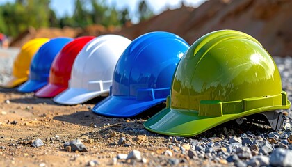 Colorful hard hats line up on a construction site; ground is dirt & small gravel, trees in the background