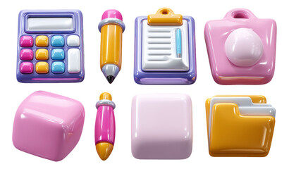 Colorful 3D Illustration of Glossy Productivity Tools and Office Supplies