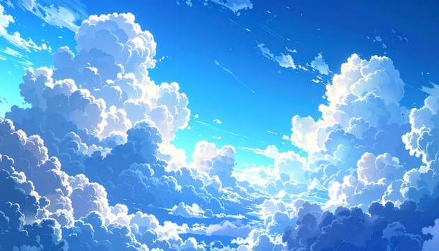Bright, anime-style sky with puffy white clouds against a vivid blue backdrop