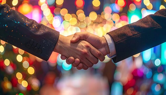 A handshake between two people with blurred Christmas lights in the background, suggesting a festive agreement - Powered by Adobe
