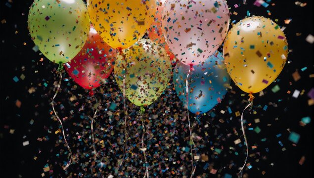 Celebratory birthday scene with vibrant balloons and confetti against a dark background