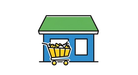 Illustration of a grocery store with a shopping cart full of groceries.