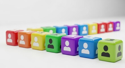 Row of colorful cubes with user icons on white background