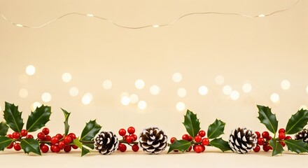 Elegant Christmas border with traditional holly, vibrant red berries, and frosted pinecones against a soft bokeh light background