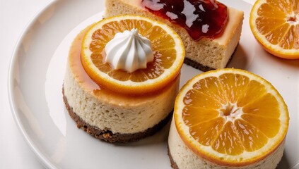 A gourmet dessert plate featuring freshly baked cheesecake and fruit cake with orange slices and jelly