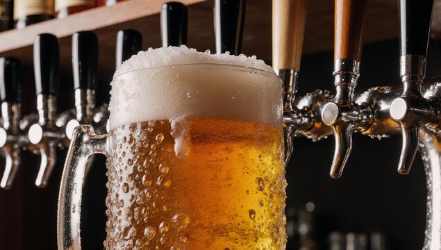 Beer festival celebration pint of beer with foam and cold drops at the pub bar