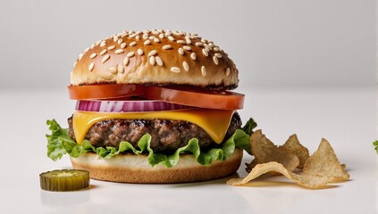 Culinary concept Perfectly assembled cheeseburger with crisp lettuce ripe tomato red onion dill pickle and melted cheddar on a golden sesame bun
