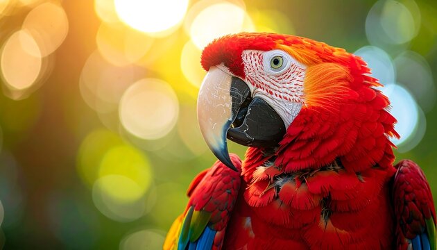 Colorful parrot with bright red and blue feathers, gazing to the right amidst a bokeh background