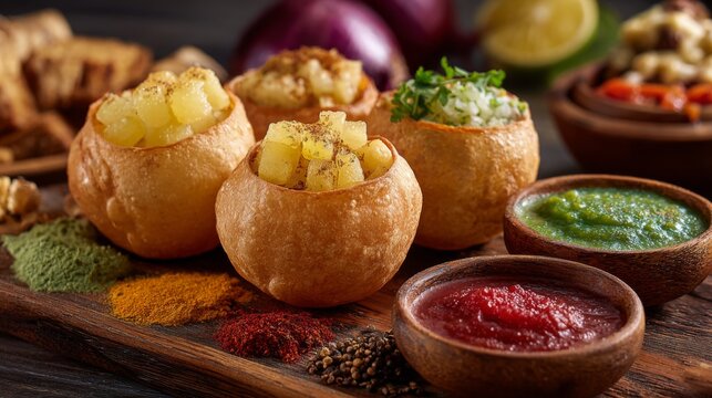 Colorful and Flavorful Indian Street Food Platter Featuring Pani Puri, Chutneys, Spices, and Fresh Green Herbs on a Rustic Wooden Board