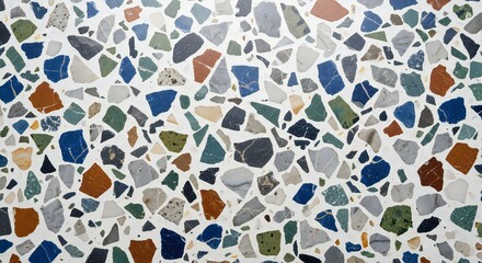 Stunning terrazzo flooring texture with colorful stone fragments creating a vibrant and modern pattern for interior design and architectural projects