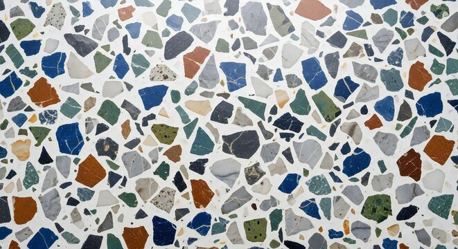 Stunning terrazzo flooring texture with colorful stone fragments creating a vibrant and modern pattern for interior design and architectural projects