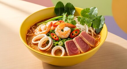 Delicious seafood noodle soup with tuna shrimp and squid