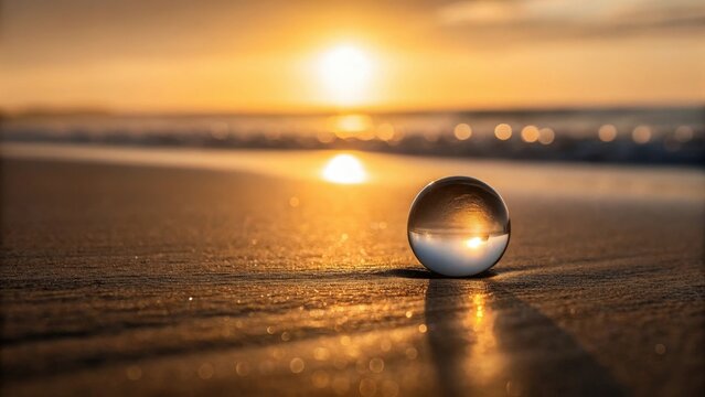 A glass sphere reflecting a vibrant golden sunset on a wet sandy beach with a peaceful ocean in the background