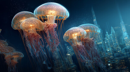 Glowing jellyfish in futuristic city nightscape, tech-fantasy atmosphere for sci-fi ads and animation backgrounds