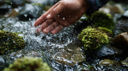 Hand touching fresh water in a mossy stream