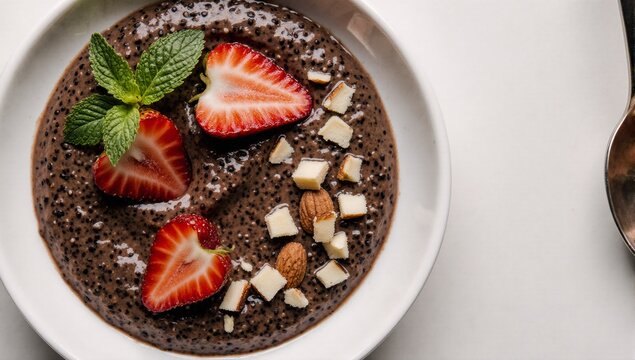 Chocolate chia seed pudding with strawberries almonds  mint