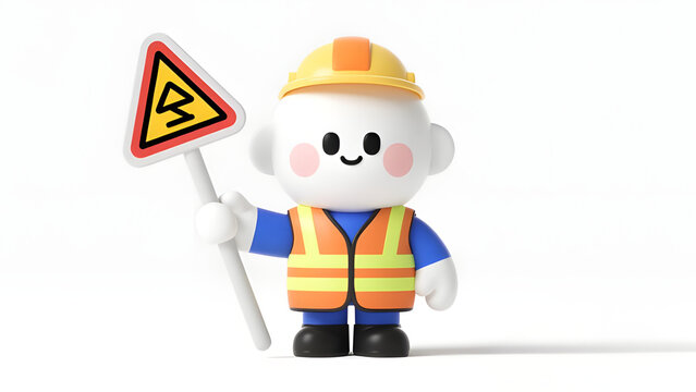 3D illustration of a cartoon builder snowman character wearing a yellow hardhat under a safety sign with Santa Claus and a red ribbon Christmas tree