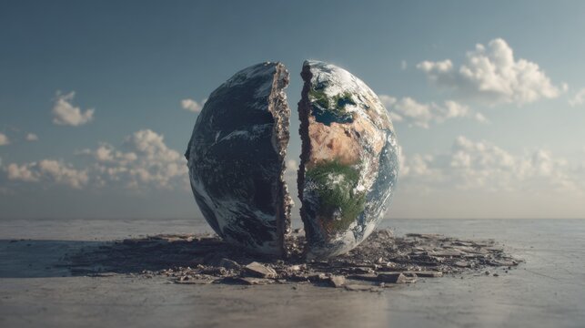 Cracked Earth Globe Revealing Inner Layers with Blue and Green Terrain Surrounded by Dramatic Sky and Ground Texture