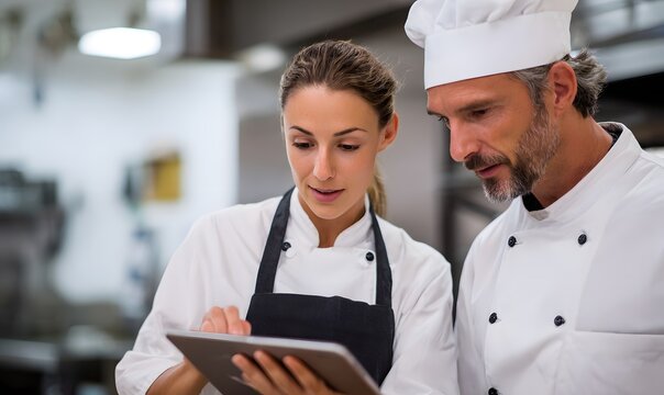 a two chefs, a female chef holding a tablet and explaining teh data on the tablet to a male chef, both are looking at the tablet in a restaurant kitchen