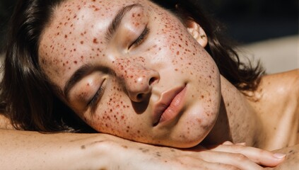 Naklejka premium Woman with visible acne basking in the sun hands behind her head