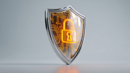 Digital shield with glowing padlock and circuit board pattern represents cybersecurity, data protection, and secure technology solutions.