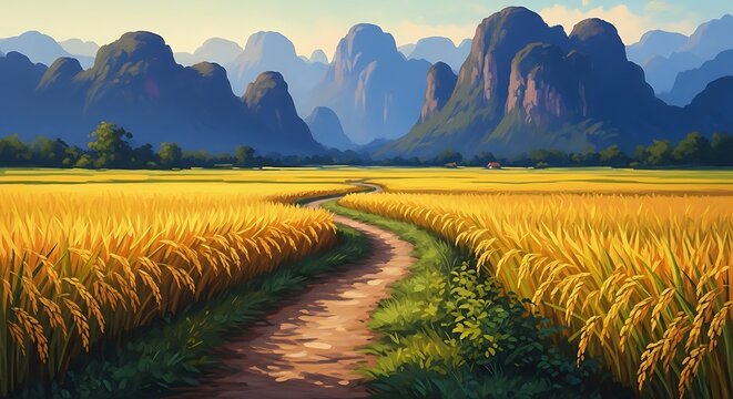 Winding Dirt Path Through a Golden Wheat Field and Mountains. - Powered by Adobe