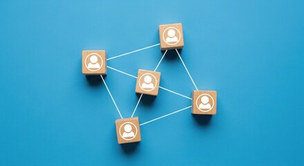Wooden blocks with user icons connected by white lines on blue.