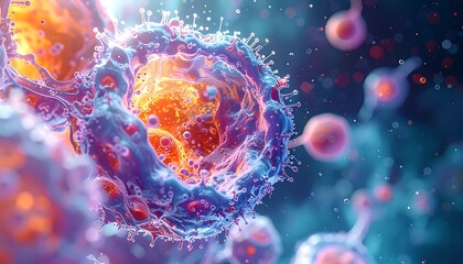 Colorful, rendered microscopic cellular structure; orange, blue, and purple, with bright highlights and bokeh background