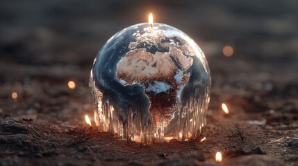 Melting Earth Sculpture with Flickering Candles Symbolizing Climate Change and Environmental Concerns in Global Context
