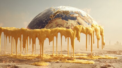Conceptual representation of melting Earth surrounded by vibrant yellow liquid, highlighting environmental issues and climate change