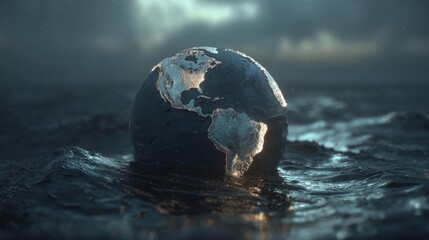Earth globe illuminated over ocean waves with dramatic clouds and dark sky highlighting environmental themes of climate change