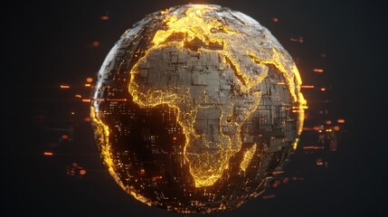 Glowing Africa on Digital Globe with Bright Lines Representing Data Flow and Connectivity in a High-Tech 3D Visualization