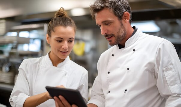 a two chefs, a female chef holding a tablet and explaining teh data on the tablet to a male chef, both are looking at the tablet in a restaurant kitchen