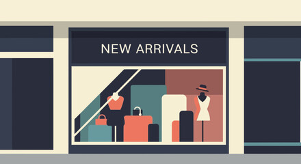 Chic boutique window display showcasing new arrivals and stylish fashion trends, perfect for retail marketing and seasonal promotions to attract shoppers