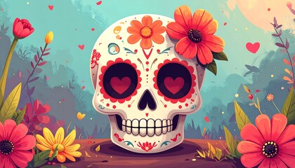 Colorful sugar skull art with floral embellishments, against a bright, painterly background