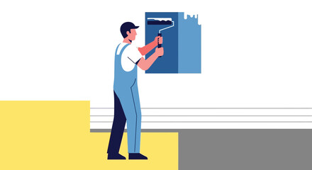 Professional painter applies fresh blue paint to a wall using a roller, bringing new life to an interior, perfect for home improvement projects and creative renovations