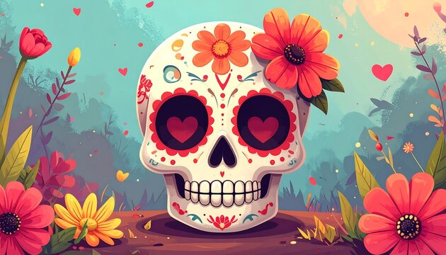 Colorful sugar skull art with floral embellishments, against a bright, painterly background
