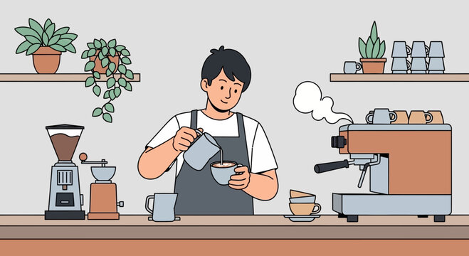 Professional barista pouring milk into coffee, crafting the perfect latte in a modern café setting, showcasing coffee culture and skilled barista techniques