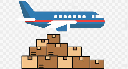 Efficient global logistics delivery with cargo airplane above stacked shipping boxes, conveying speed, reliability, and worldwide reach for business needs