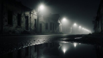 Obraz premium A chilling horror scene set in a small town featuring an empty street with a haunting house in the mist and anxious city atmosphere