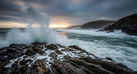 Dramatic Ocean Waves Crashing Against Rugged Rocky Shoreline Under Moody Skies.