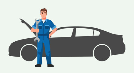 Reliable mechanic ready to service your car, offering expert repair services with a confident pose next to a modern vehicle at the auto shop today