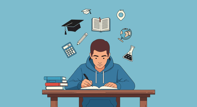 Focused student immersed in learning, surrounded by study icons creating a scholarly atmosphere perfect for education marketing and back to school campaigns