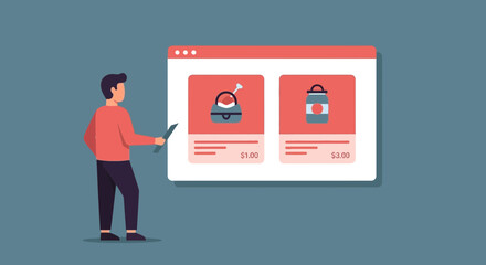 Man presenting online shop items for sale, showcasing product prices and details, digital marketplace promotion, e-commerce growth strategy presentation