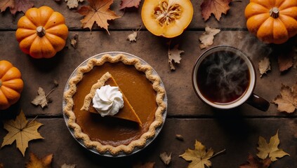 Pumpkin pie with autumnal theme wooden background dry leaves pumpkins and tea in a top view