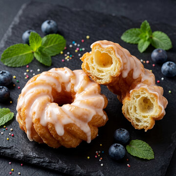 German "Spritzkuchen" - Glazed cruller donuts served with fresh blueberries, mint leaves, and colorful sprinkles on a dark stone background