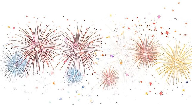 Colorful fireworks explode across a white background, with a scattering of star-shaped confetti. Various colors and sizes