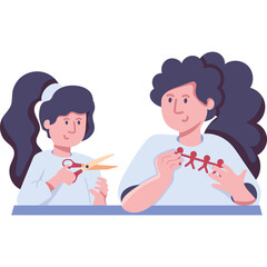 Mother and daughter making paper chain figures together indoors with white background and pastel clothing